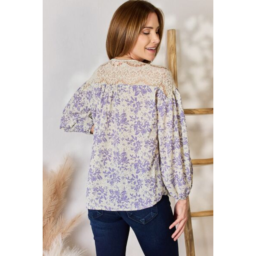 Hailey & Co Full Size Lace Detail Printed Blouse Clothing