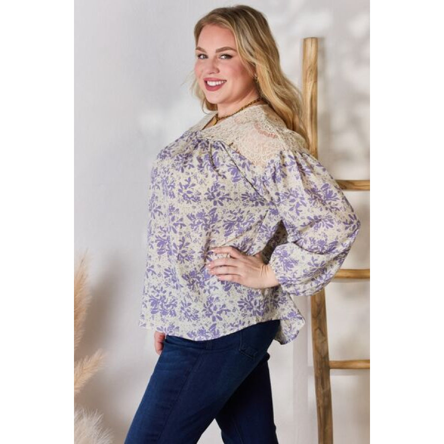 Hailey & Co Full Size Lace Detail Printed Blouse Clothing