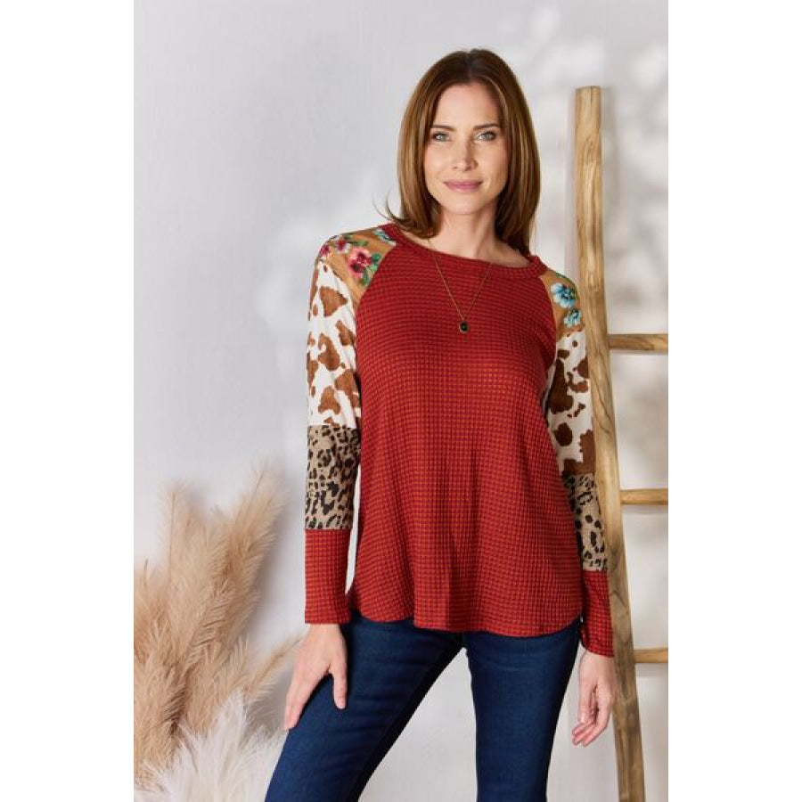 Hailey & Co Full Size Leopard Waffle-Knit Blouse Clothing