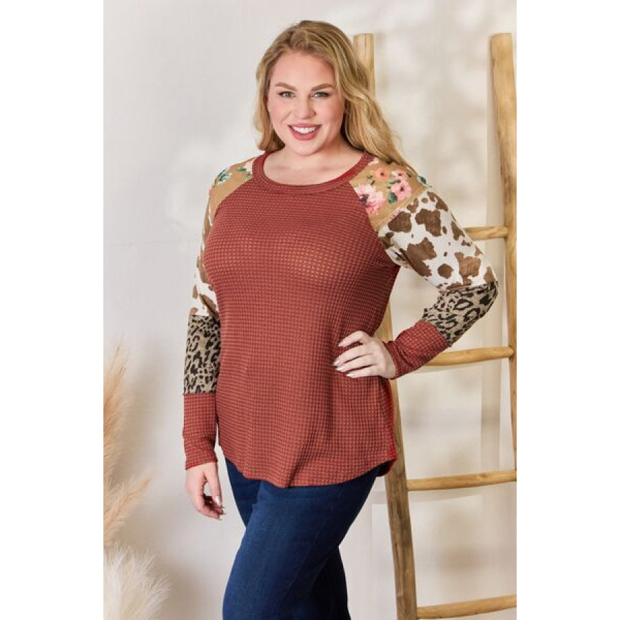 Hailey & Co Full Size Leopard Waffle-Knit Blouse Clothing