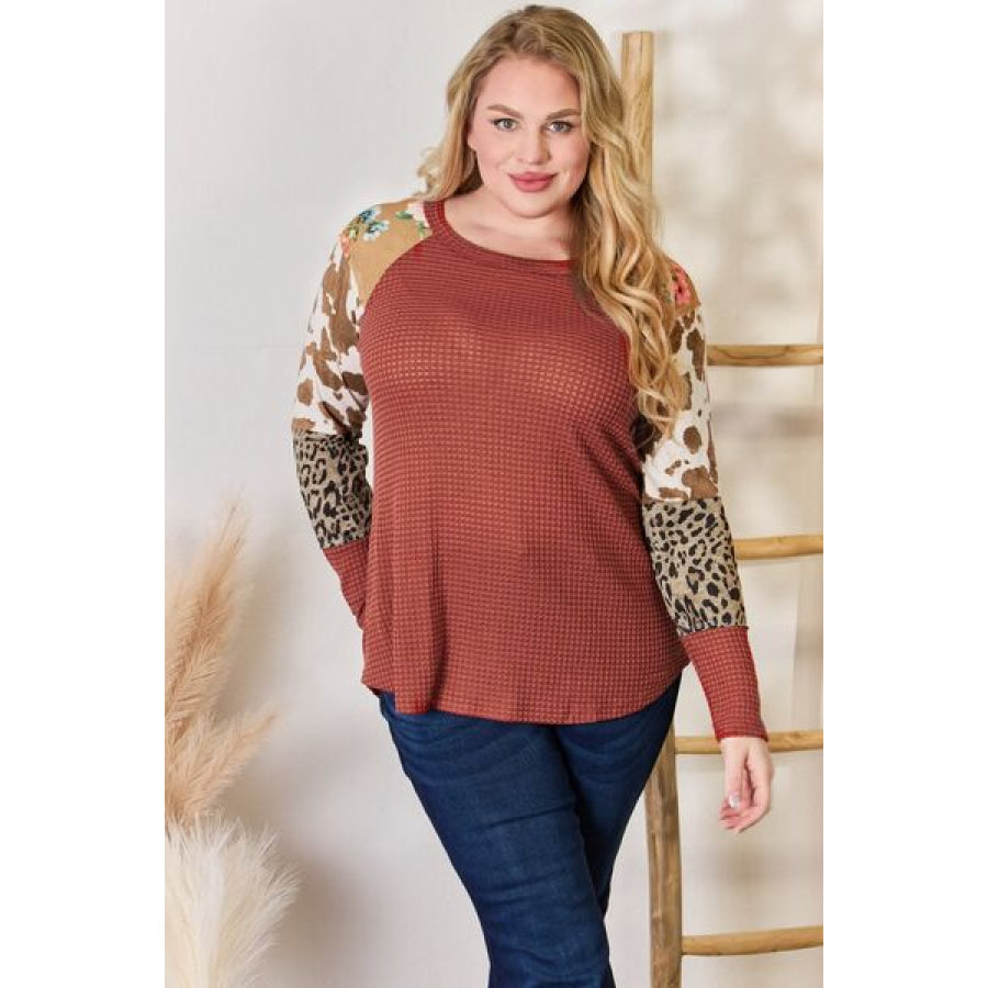 Hailey & Co Full Size Leopard Waffle-Knit Blouse Clothing