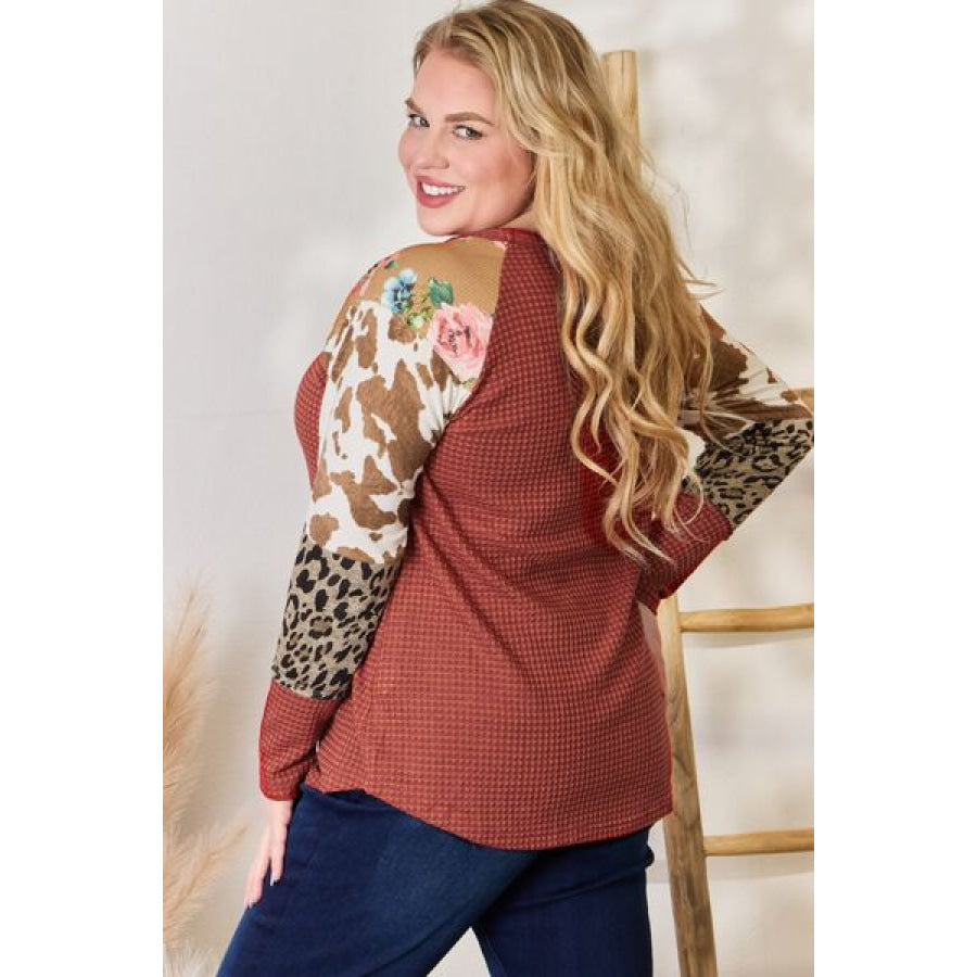 Hailey & Co Full Size Leopard Waffle-Knit Blouse Clothing