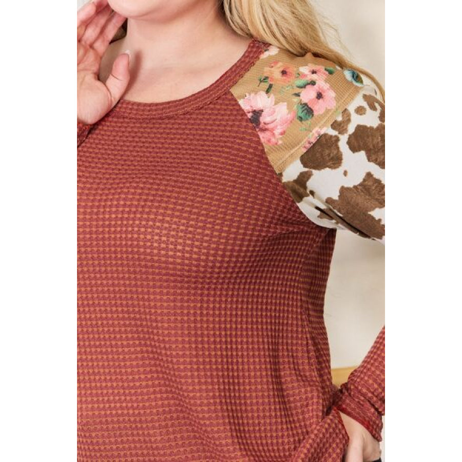 Hailey & Co Full Size Leopard Waffle-Knit Blouse Clothing