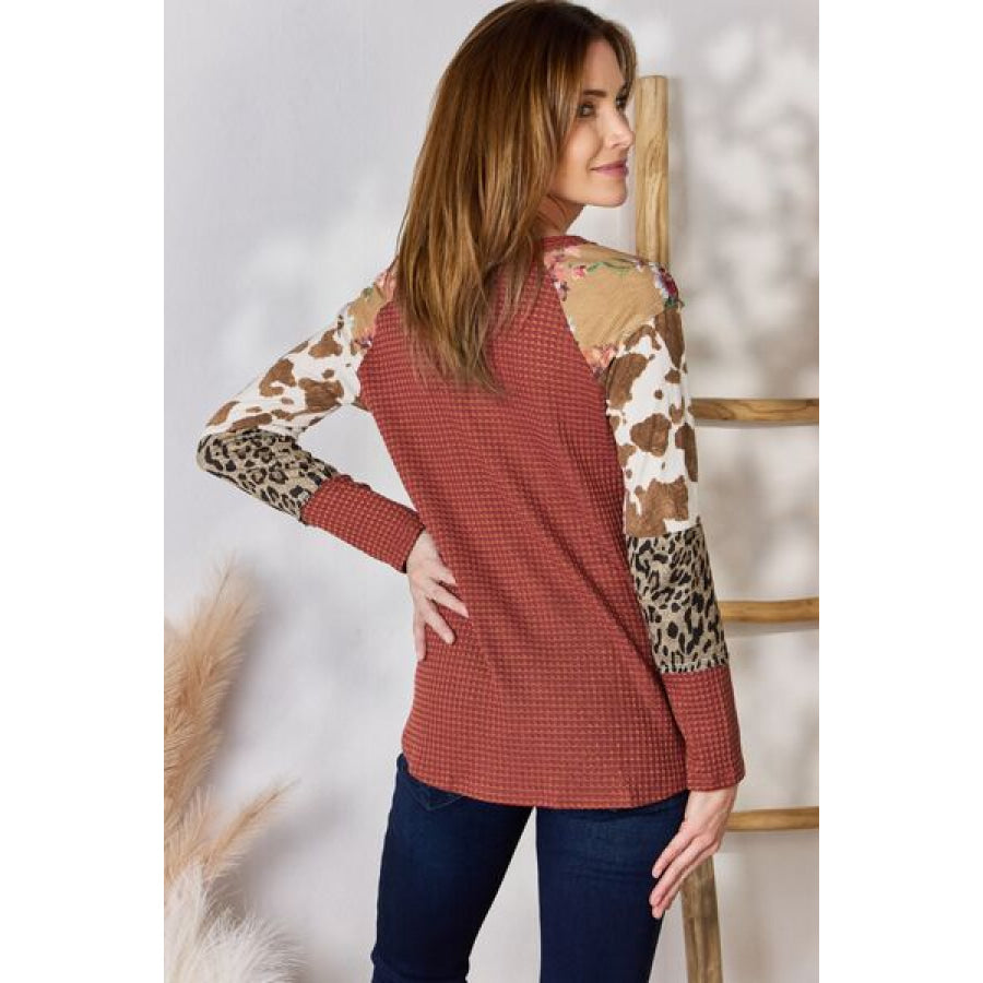 Hailey & Co Full Size Leopard Waffle-Knit Blouse Clothing