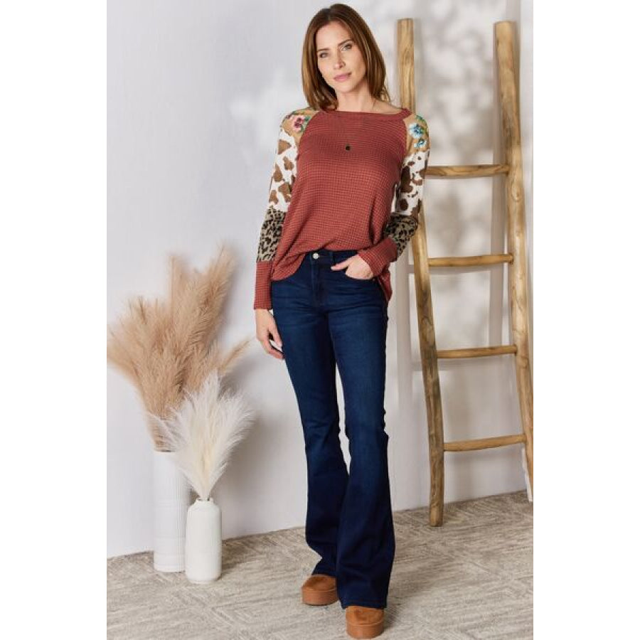 Hailey & Co Full Size Leopard Waffle-Knit Blouse Clothing