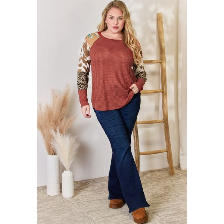 Hailey & Co Full Size Leopard Waffle-Knit Blouse Clothing