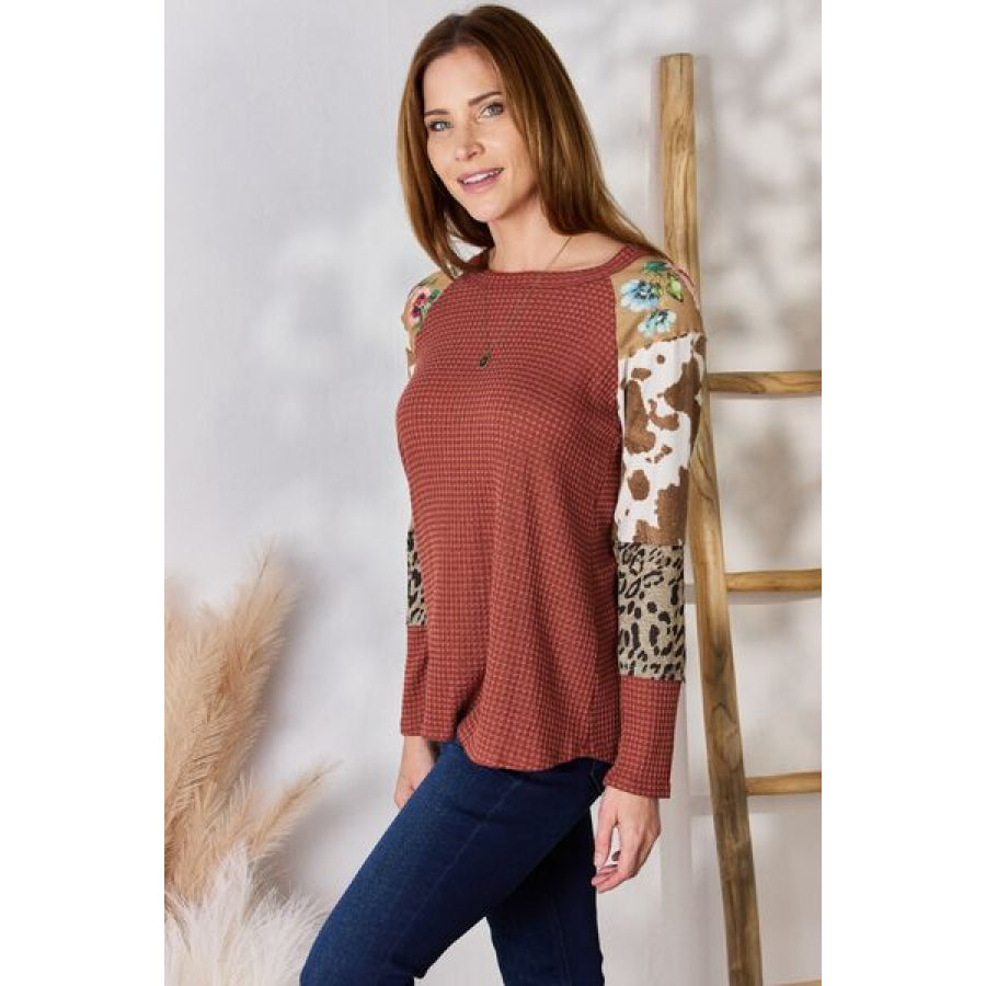 Hailey & Co Full Size Leopard Waffle-Knit Blouse Clothing