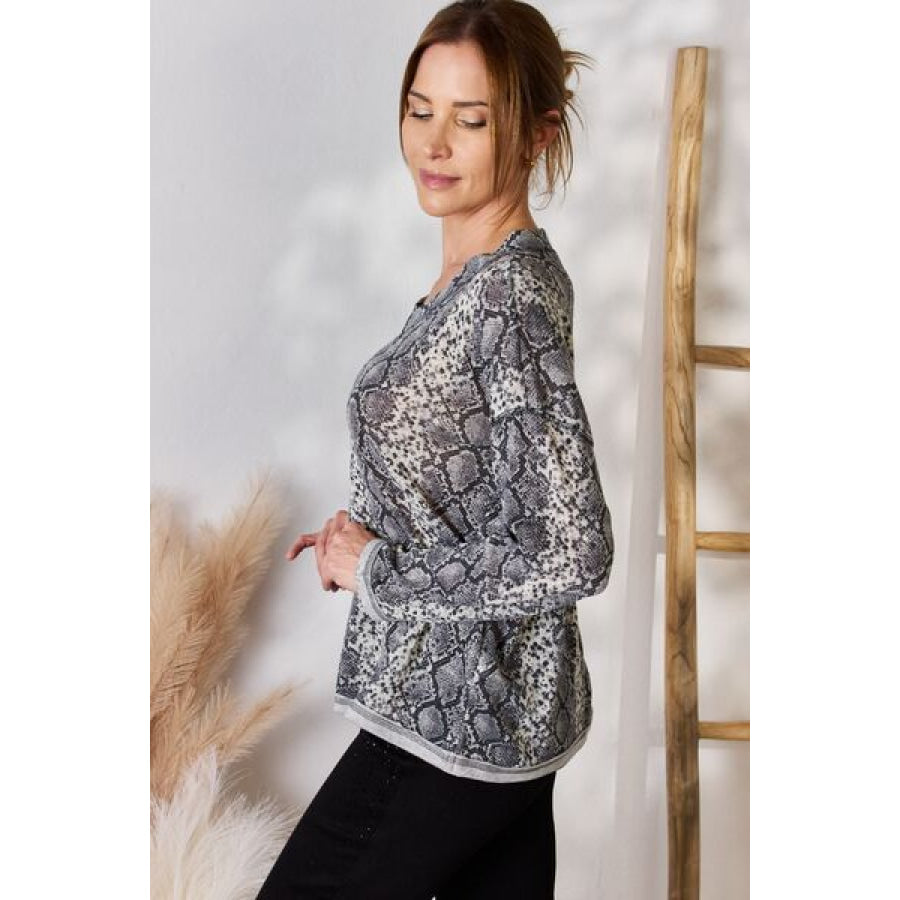 Hailey & Co Full Size Snakeskin V-Neck Long Sleeve Top Clothing