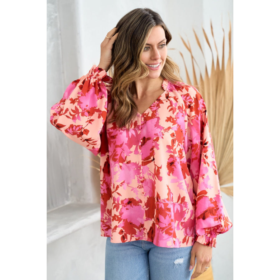 Hailey & Co Ruffle V-Neck Decor Button Floral Blouse Apparel and Accessories