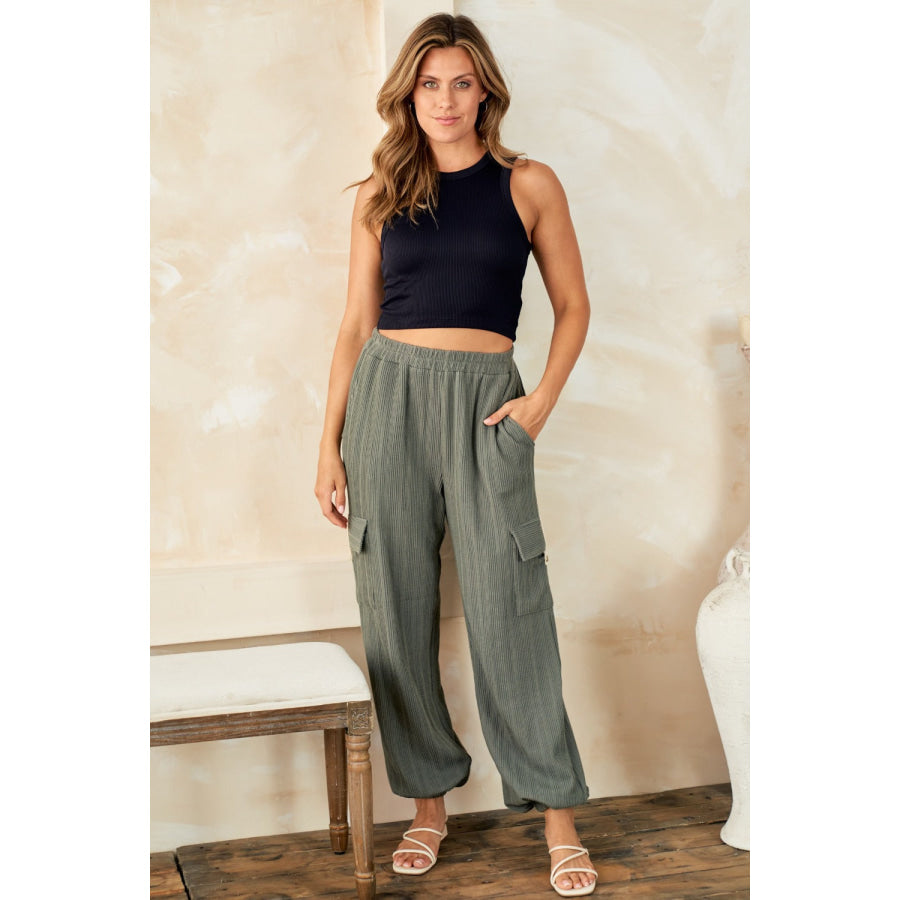 Hailey & Co Textured Rib Cargo Pants Olive / S Apparel and Accessories
