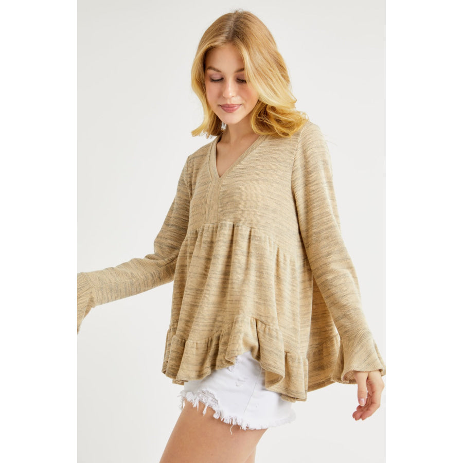Hailey & Co V-Neck Flounce Sleeve Knit Top Apparel and Accessories