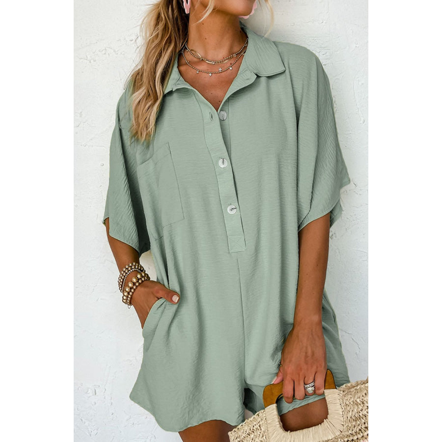 Half Button Collared Neck Romper Sage / S Apparel and Accessories