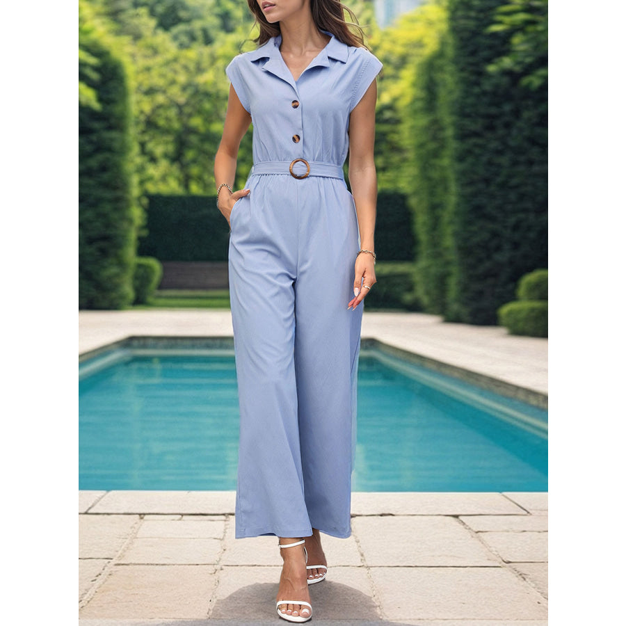 Half Button Collared Neck Wide Leg Jumpsuit Misty Blue / S Apparel and Accessories