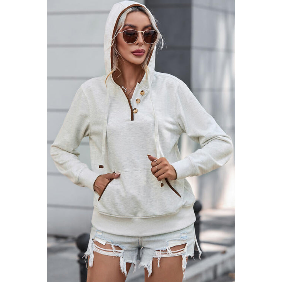 Half Button Drawstring Long Sleeve Hoodie