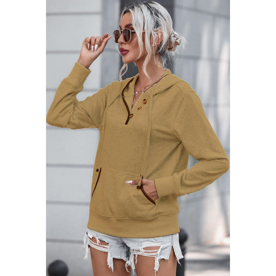 Half Button Drawstring Long Sleeve Hoodie
