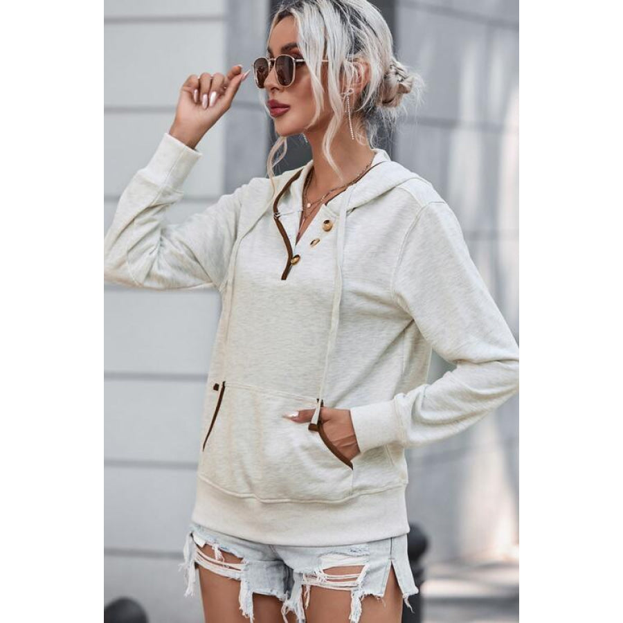 Half Button Drawstring Long Sleeve Hoodie
