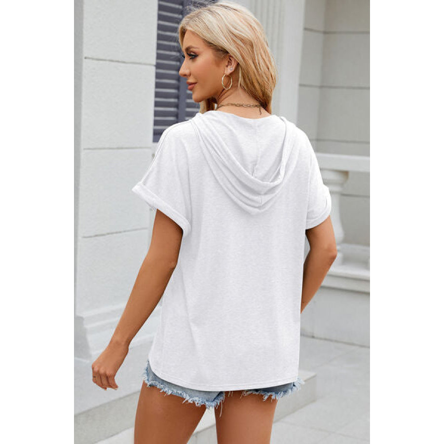 Half Button Drawstring Short Sleeve Hooded T - Shirt Apparel and Accessories