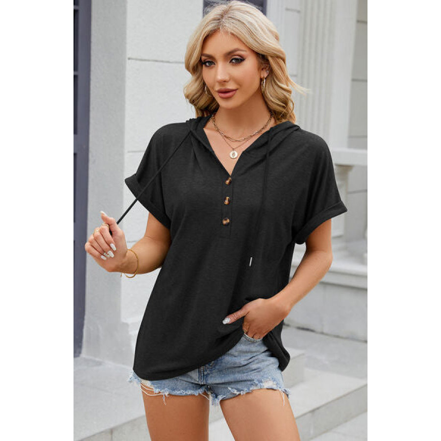 Half Button Drawstring Short Sleeve Hooded T - Shirt Apparel and Accessories