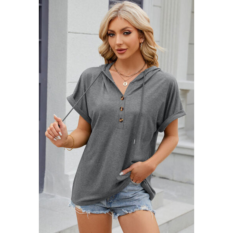 Half Button Drawstring Short Sleeve Hooded T - Shirt Apparel and Accessories