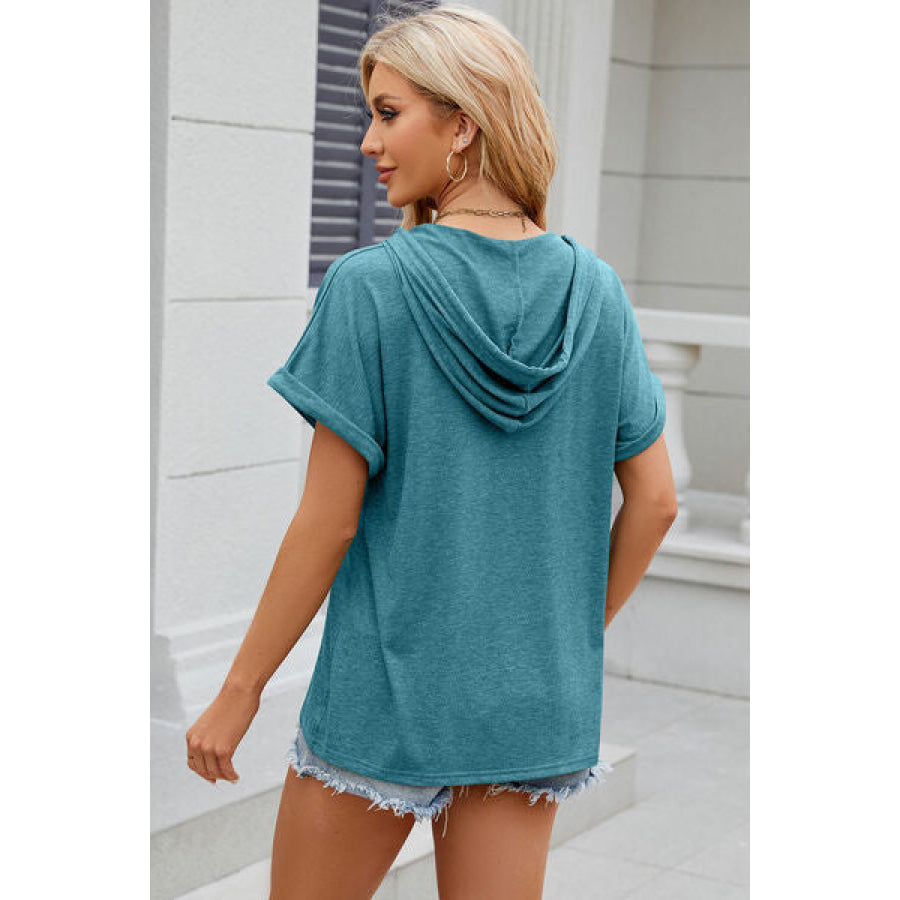 Half Button Drawstring Short Sleeve Hooded T - Shirt Apparel and Accessories
