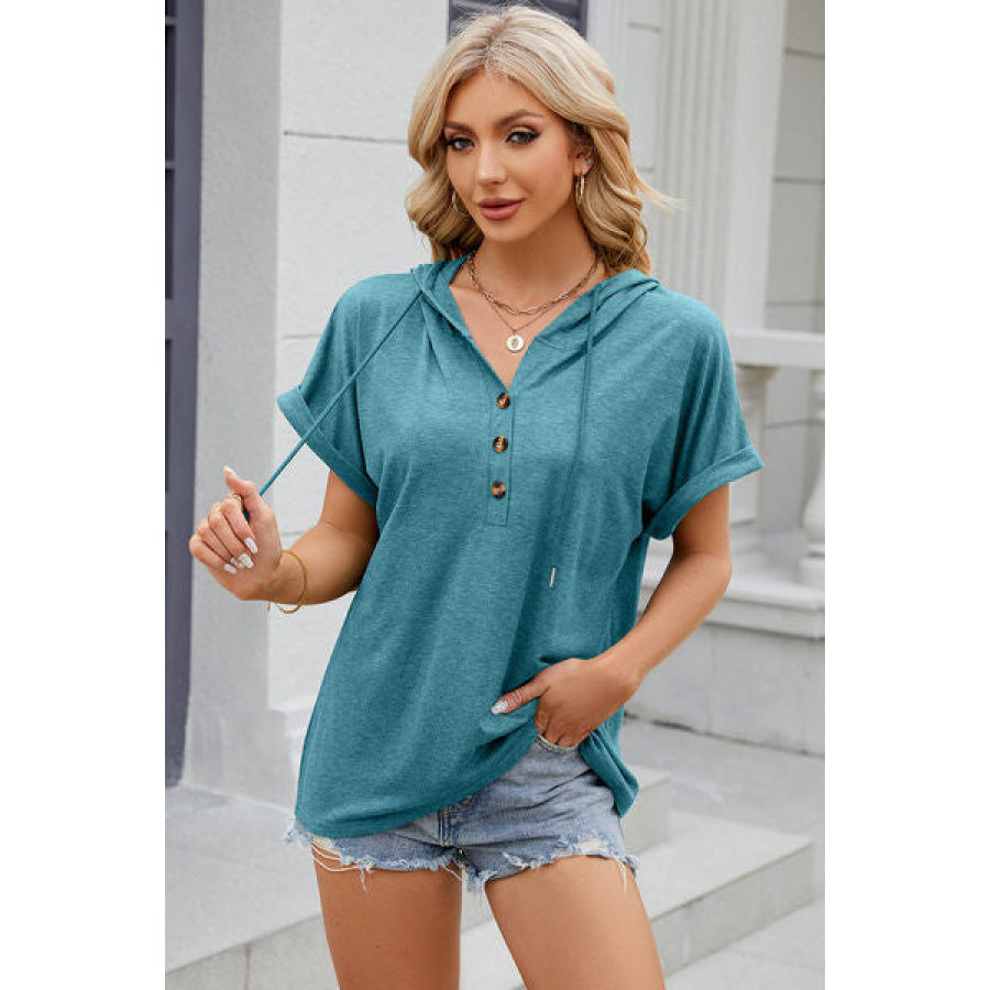 Half Button Drawstring Short Sleeve Hooded T - Shirt Apparel and Accessories