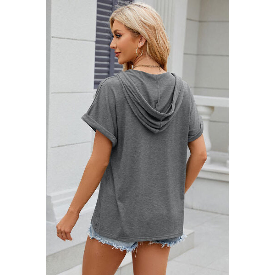 Half Button Drawstring Short Sleeve Hooded T - Shirt Apparel and Accessories