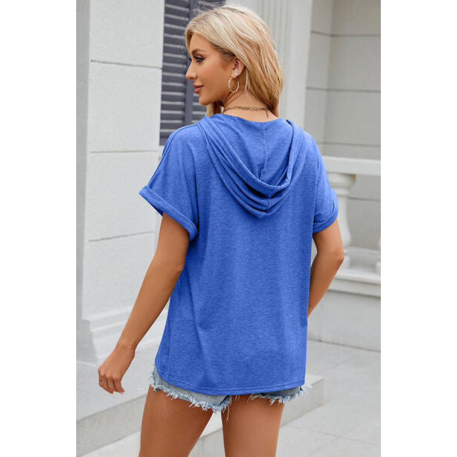 Half Button Drawstring Short Sleeve Hooded T - Shirt Apparel and Accessories