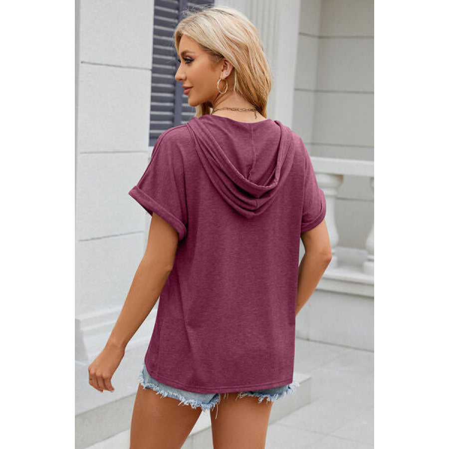 Half Button Drawstring Short Sleeve Hooded T - Shirt Apparel and Accessories