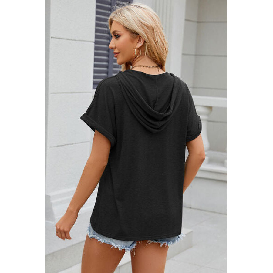 Half Button Drawstring Short Sleeve Hooded T - Shirt Apparel and Accessories