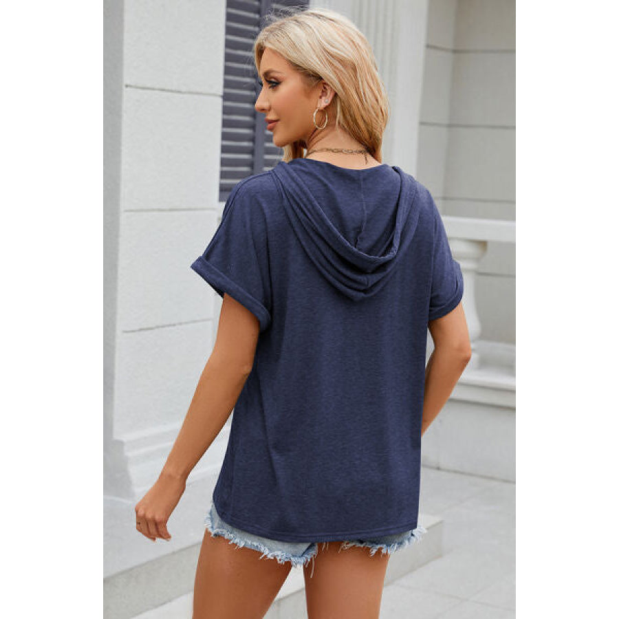 Half Button Drawstring Short Sleeve Hooded T - Shirt Apparel and Accessories
