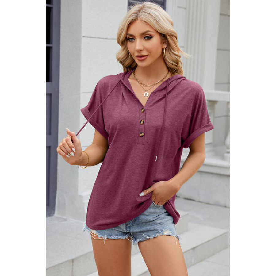 Half Button Drawstring Short Sleeve Hooded T - Shirt Fuchsia / S Apparel and Accessories