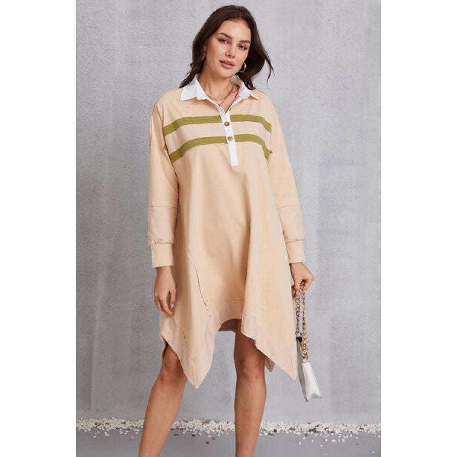 Half Button Handkerchief Hem Dress Light Apricot / S Apparel and Accessories