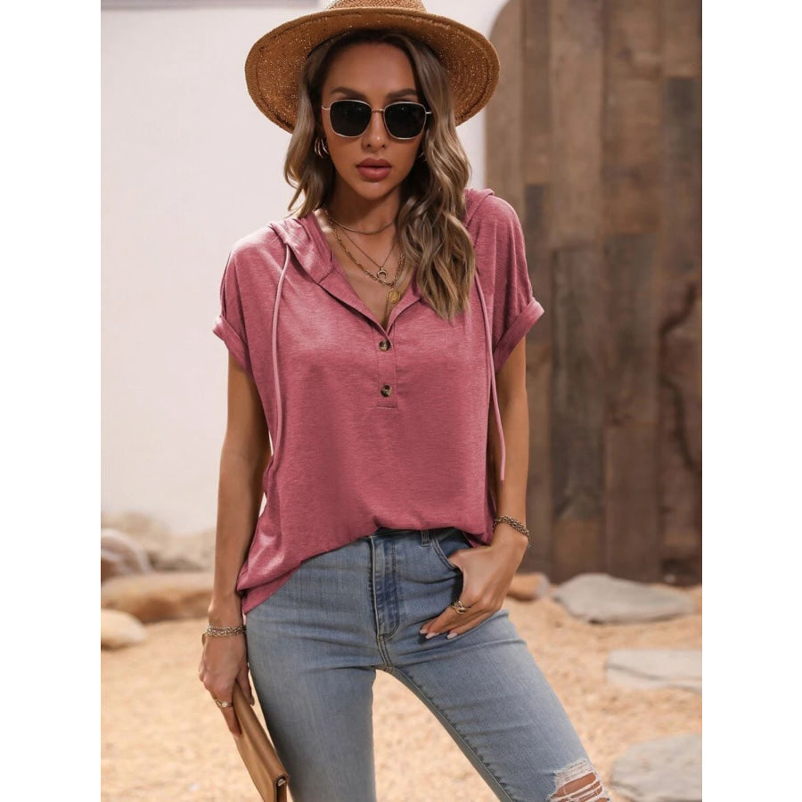 Half Button Hooded Short Sleeve Blouse Light Mauve / S Apparel and Accessories