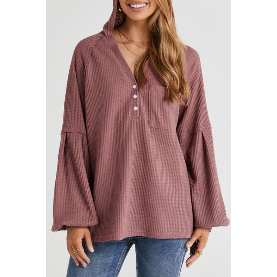 Half Button Lantern Sleeve Hoodie Light Mauve / S Apparel and Accessories