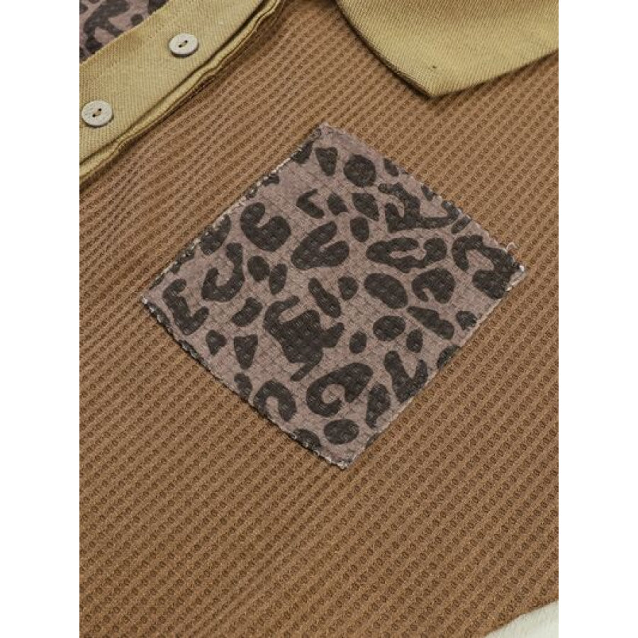 Half Button Leopard Collared Neck Blouse Clothing