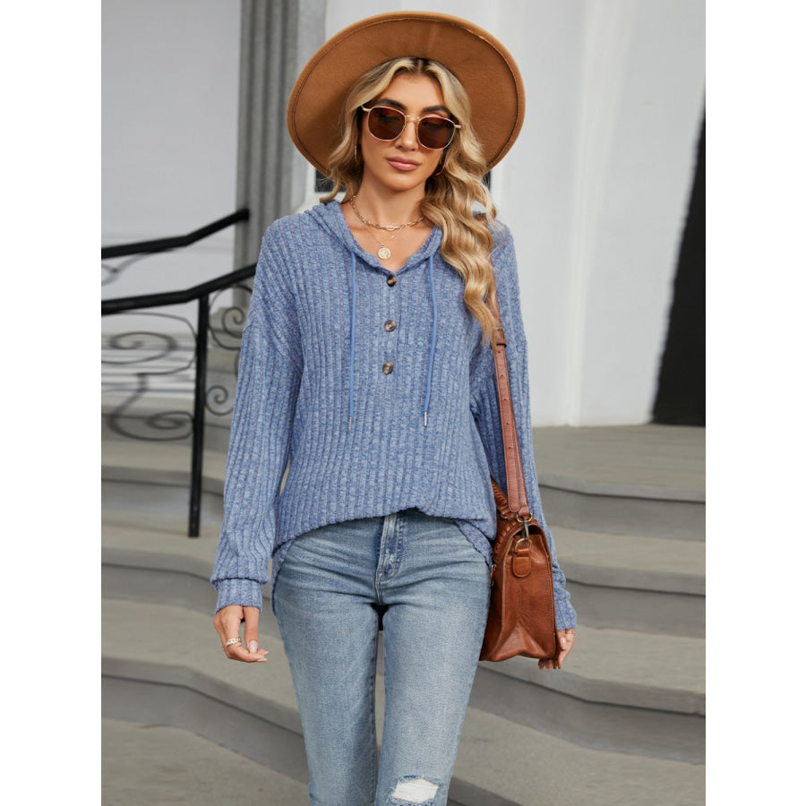 Half Button Long Sleeve Hooded Top Apparel and Accessories