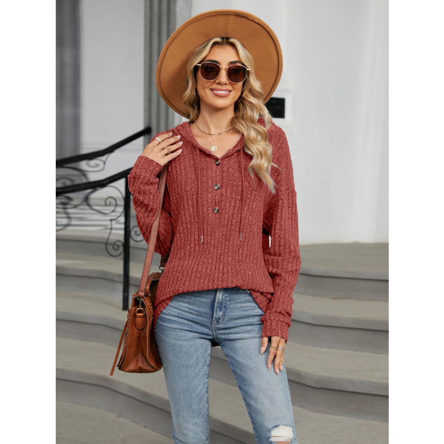 Half Button Long Sleeve Hooded Top Apparel and Accessories