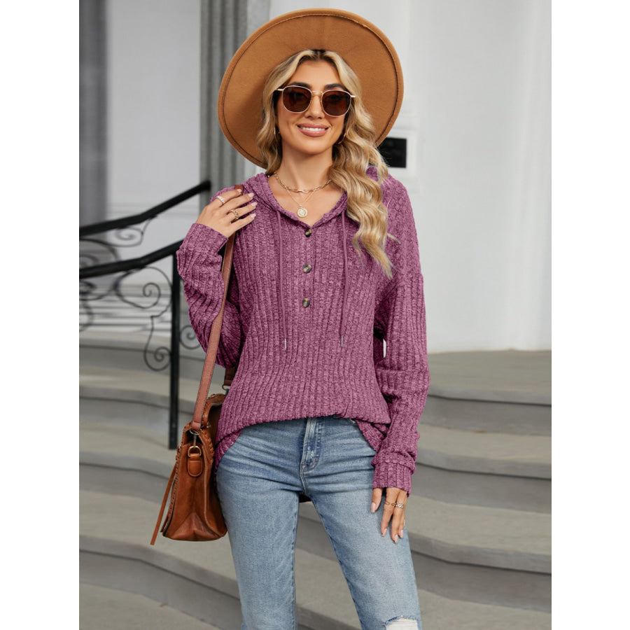 Half Button Long Sleeve Hooded Top Apparel and Accessories