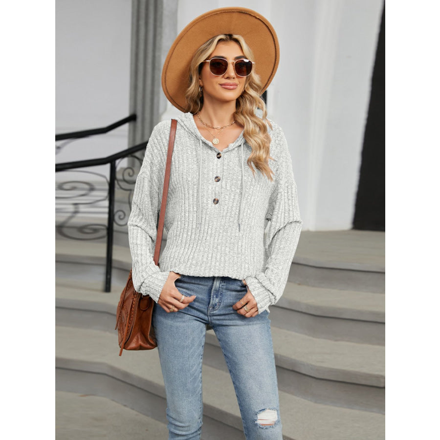 Half Button Long Sleeve Hooded Top Apparel and Accessories