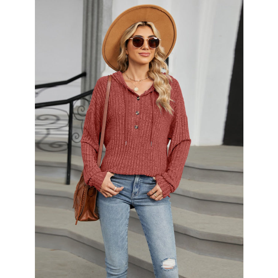 Half Button Long Sleeve Hooded Top Apparel and Accessories