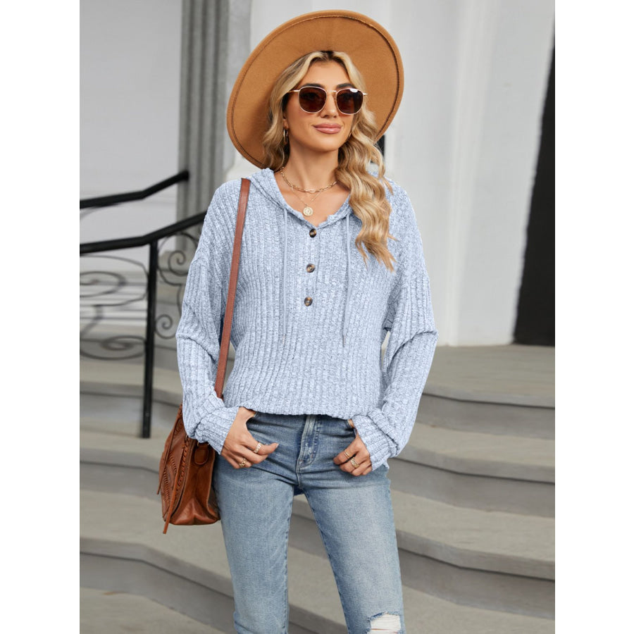 Half Button Long Sleeve Hooded Top Light Blue / S Apparel and Accessories