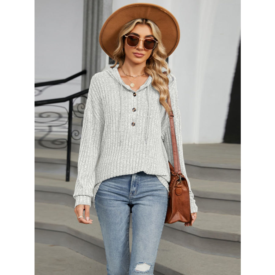 Half Button Long Sleeve Hooded Top Light Gray / S Apparel and Accessories