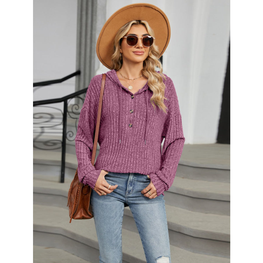 Half Button Long Sleeve Hooded Top Mauve / S Apparel and Accessories