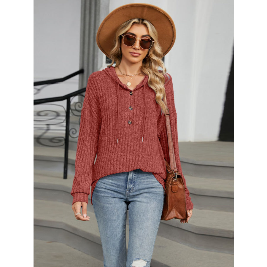 Half Button Long Sleeve Hooded Top Rust / S Apparel and Accessories