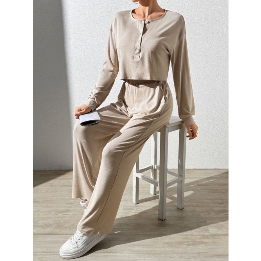 Half Button Long Sleeve Top and Pants Set Apparel Accessories