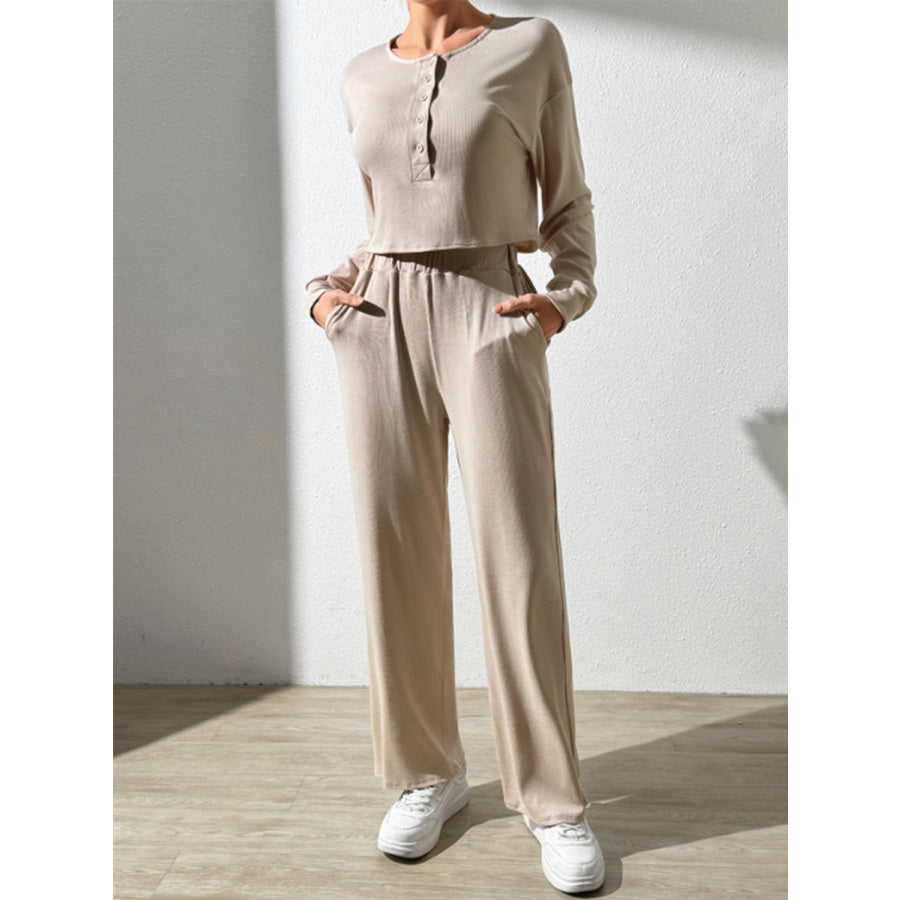 Half Button Long Sleeve Top and Pants Set Apparel Accessories