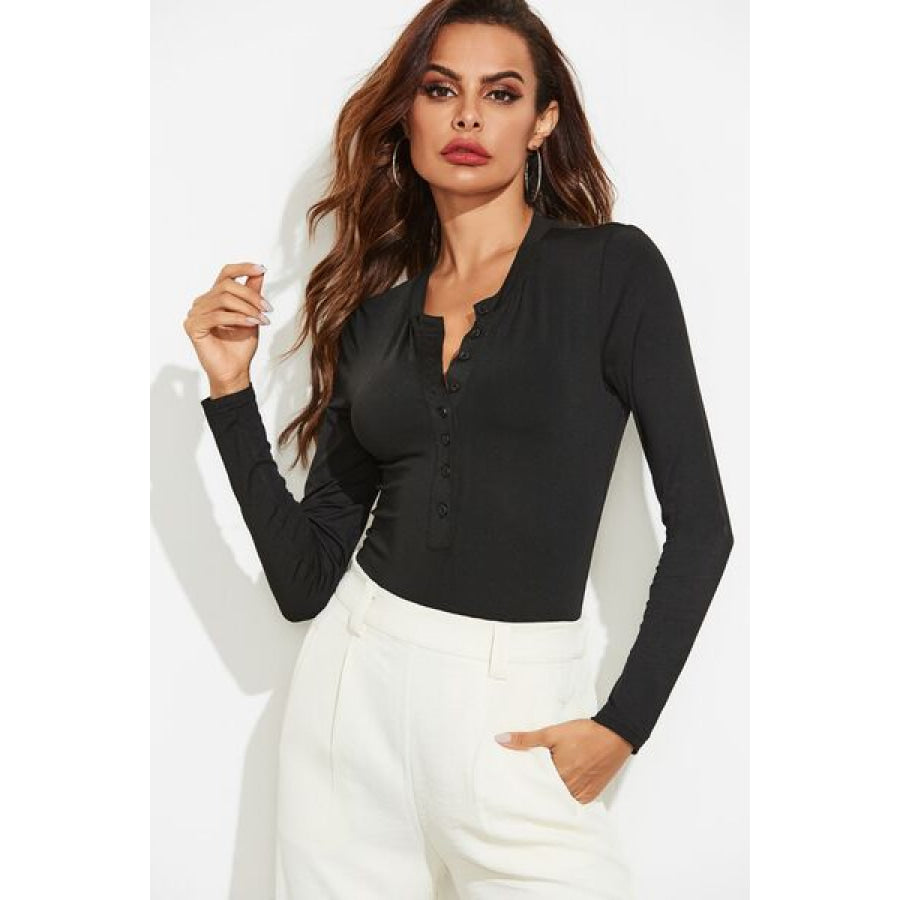 Half Button Round Neck Long Sleeve Bodysuit Clothing