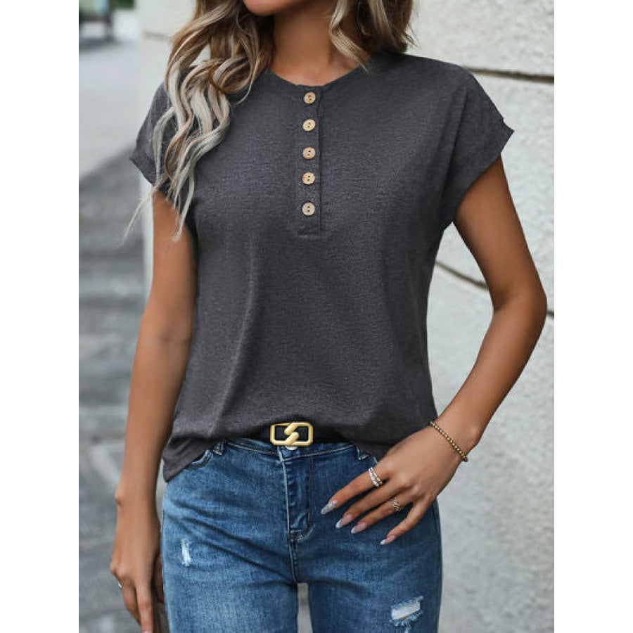 Half Button Round Neck T - Shirt Charcoal / S Apparel and Accessories