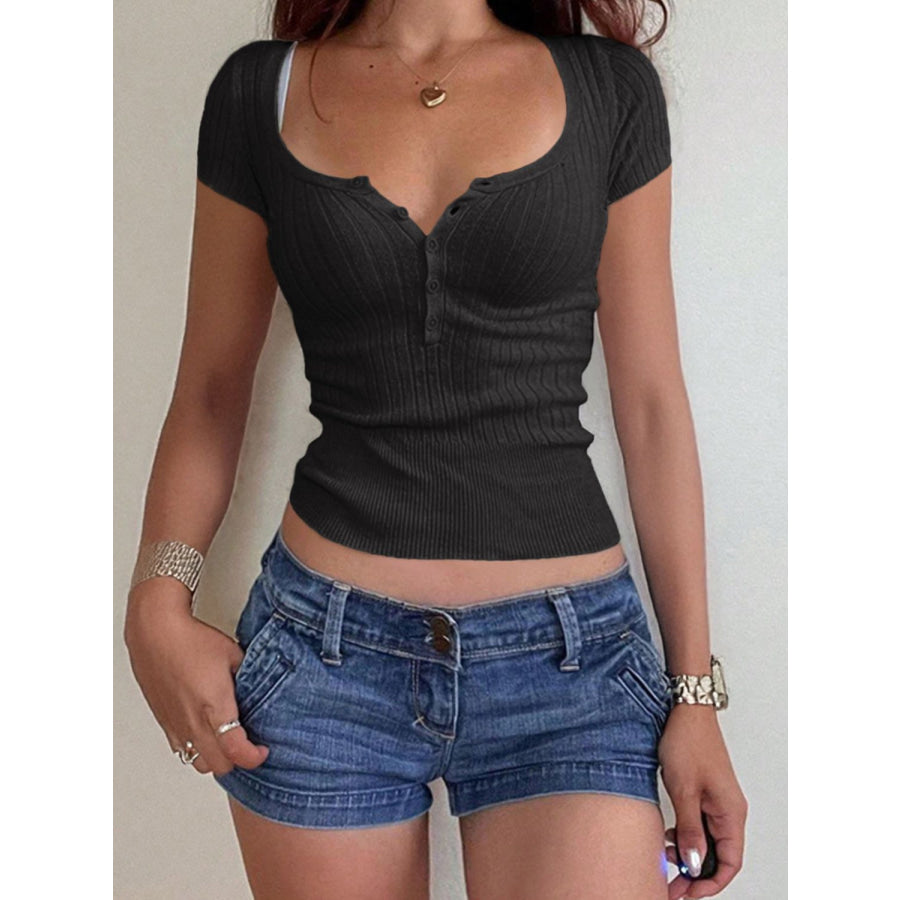 Half Button Scoop Neck Short Sleeve Knit Top Apparel and Accessories