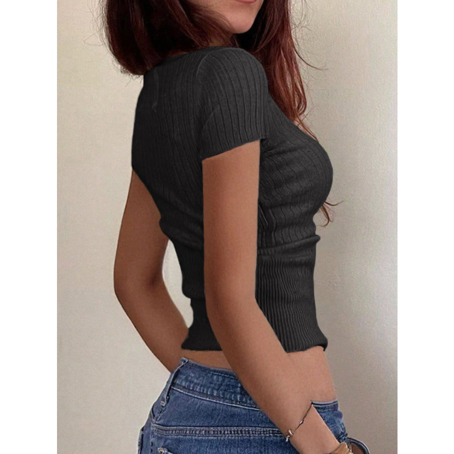 Half Button Scoop Neck Short Sleeve Knit Top Apparel and Accessories